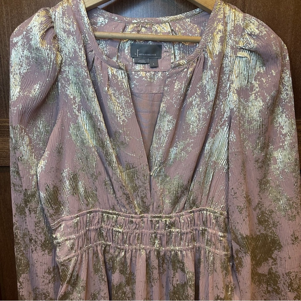 Anthropologie Somerset Mini Dress in Dusty Pink with Metallic Gold Highlights - Picture 3 of 7